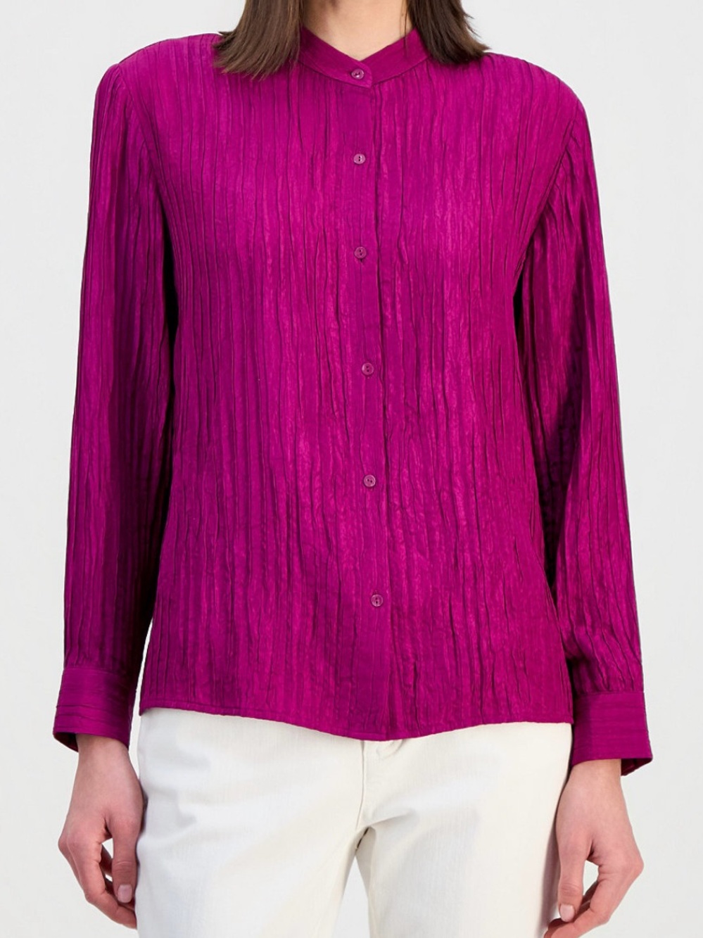Womens Silk Fuchsia Button-Front Pleated Blouse Crinkled Silk Top